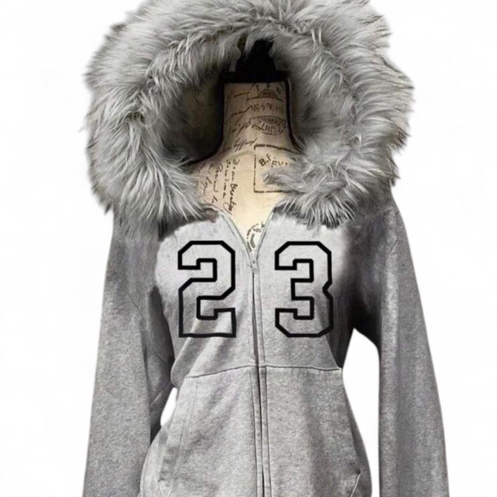 Women's Gray Varsity Jacket with Faux Fur Hood